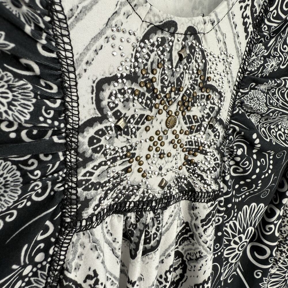 One World Tunic Smal Sequined Black Floral 3/4 Sleeve Scoopneck Stretch - Picture 4 of 7